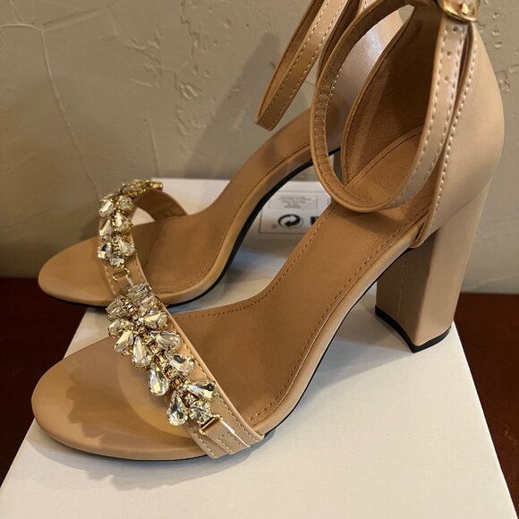Women's Nude Block Heel Sandals w/Crystal Embellished Strap & Buckle Size 6.5 - Picture 4 of 8